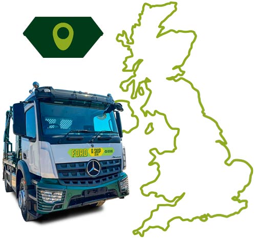 Ford A Skip skip truck with outline map of the UK